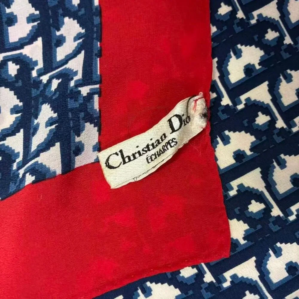 Dior Christian Trotter Pattern Silk Scarf Navy Red